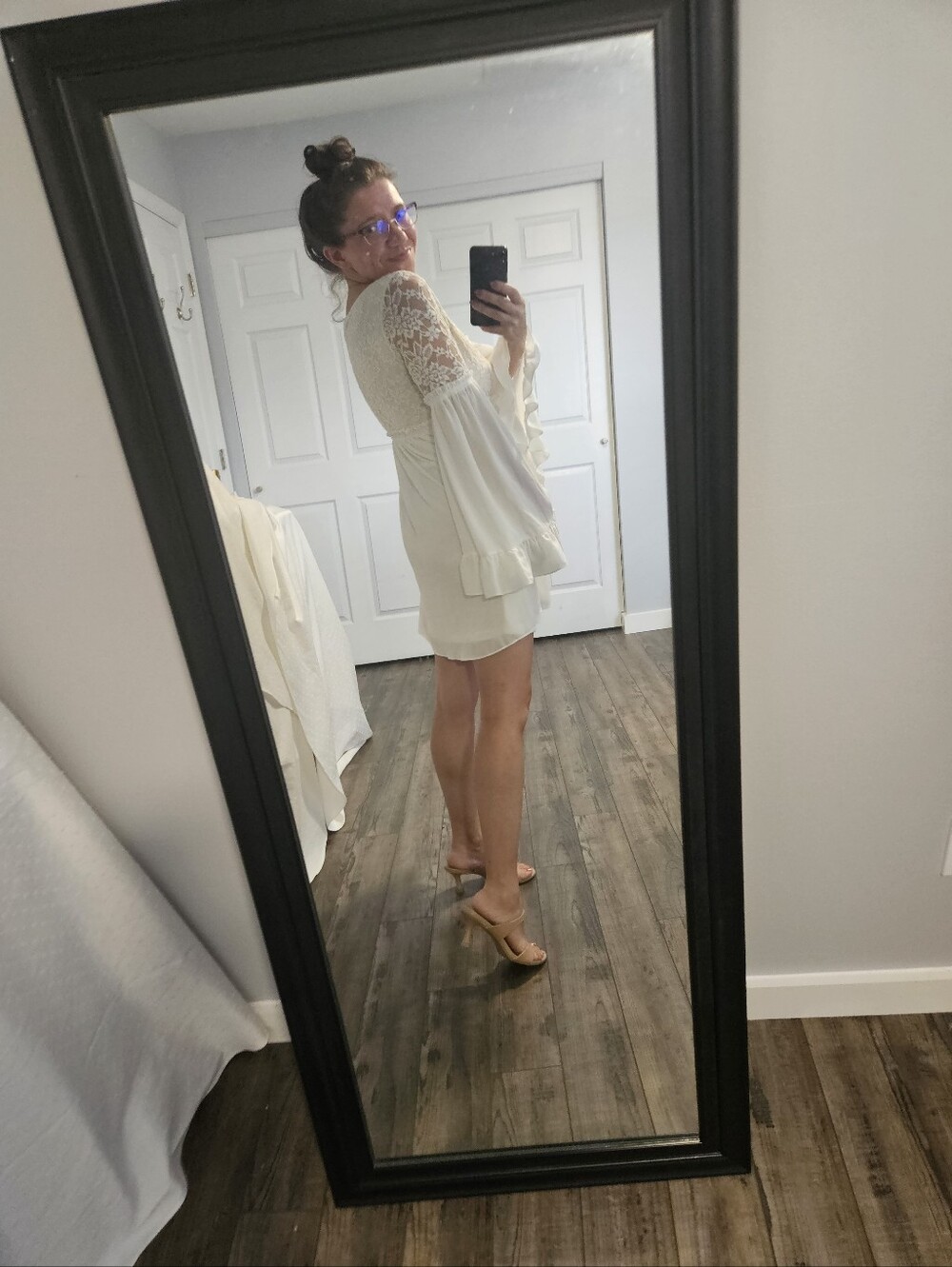 Women’s Cream Lace Bell Sleeve Mini Dress
